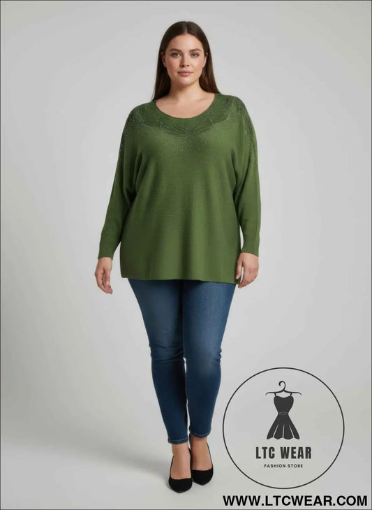 Scarlet Embellished Neckline Dolman Sleeve Tunic Top