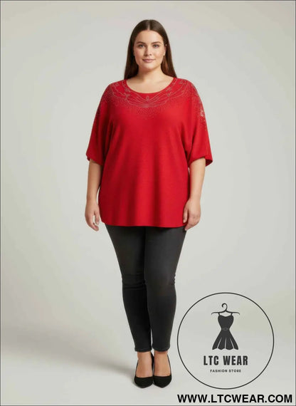 Scarlet Embellished Neckline Dolman Sleeve Tunic Top
