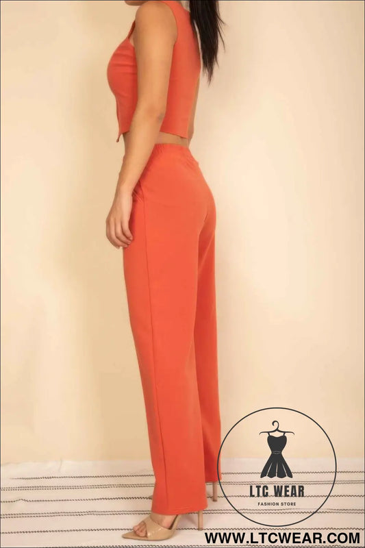 Scoop Neck Button Vest & Wide Leg Pants Set