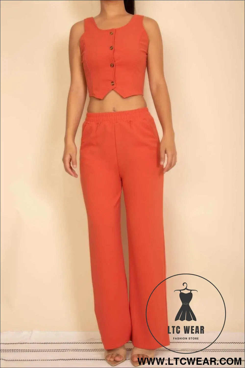 Scoop Neck Button Vest & Wide Leg Pants Set