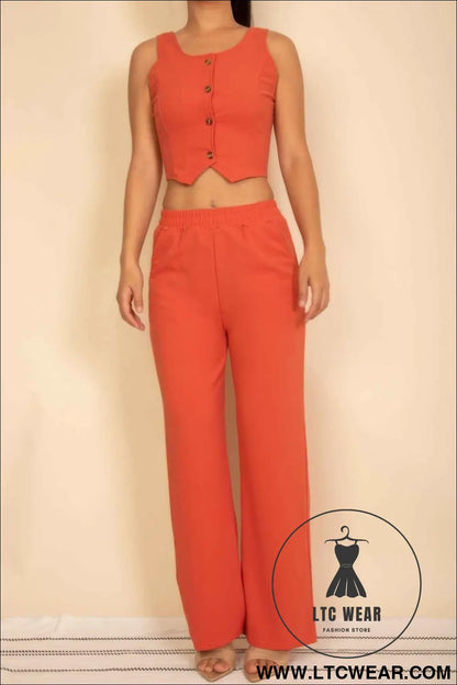 Scoop Neck Button Vest & Wide Leg Pants Set