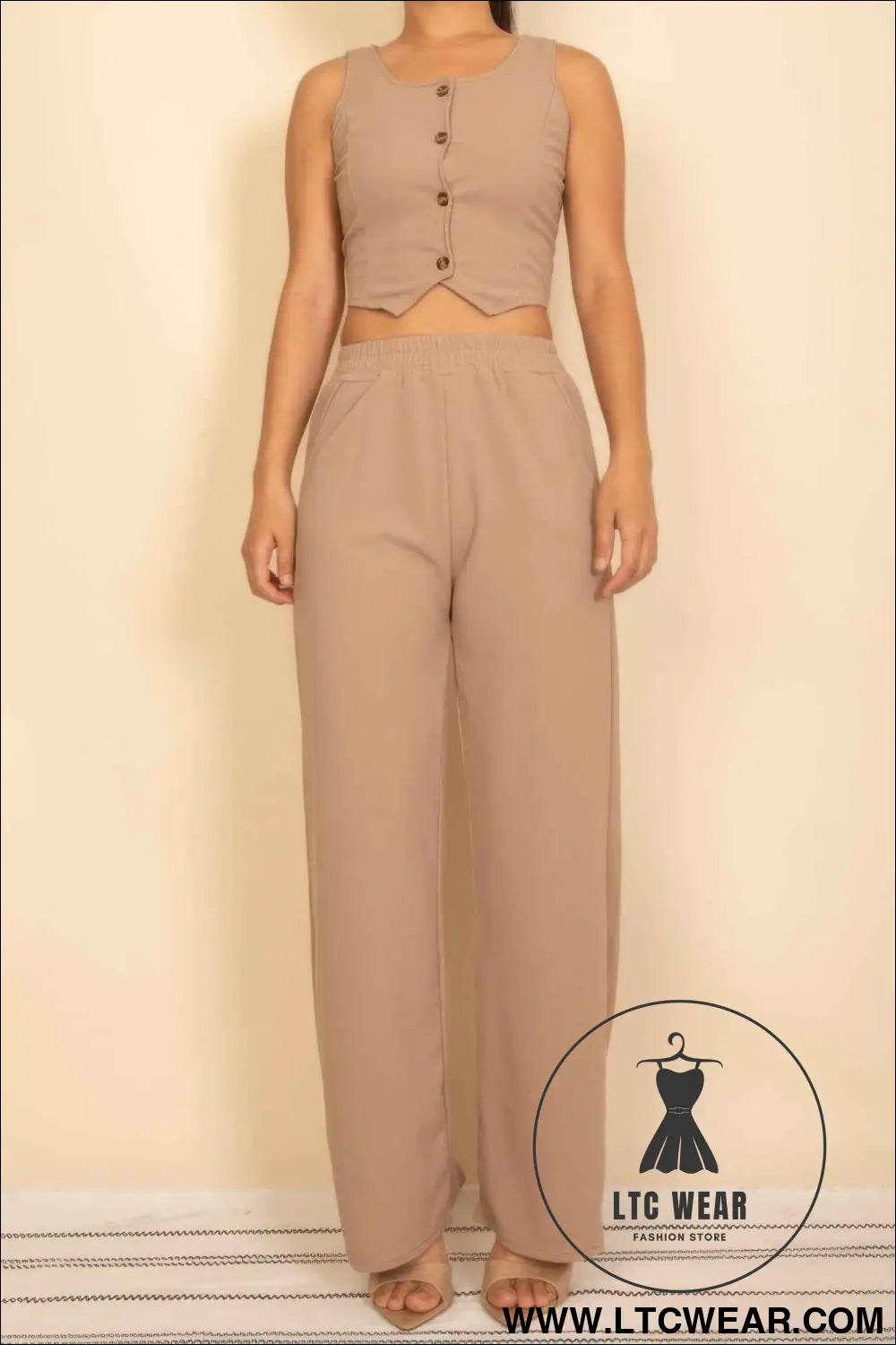 Scoop Neck Button Vest & Wide Leg Pants Set