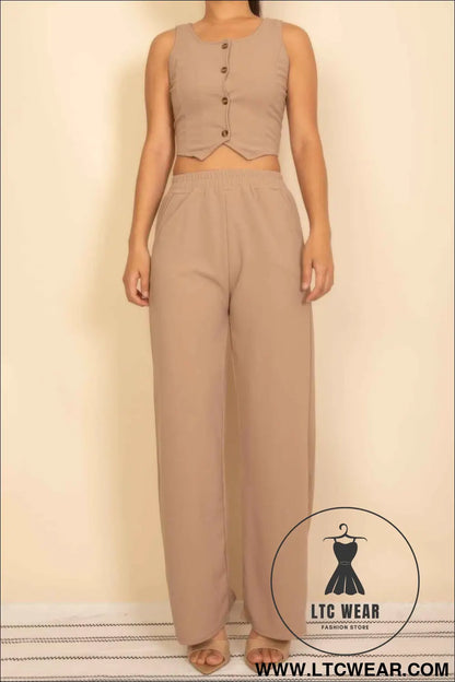 Scoop Neck Button Vest & Wide Leg Pants Set