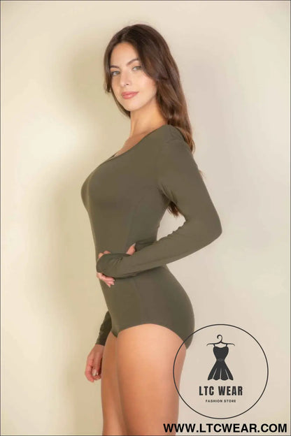Scoop Neck Solid Long Sleeve Bodysuit