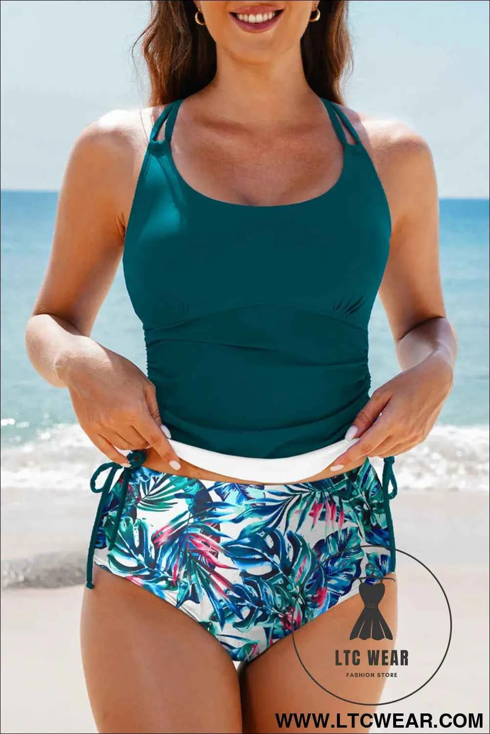 Sea Green Drawstring Tummy Control Mix-and-match 2pcs Tankini Swimsuit