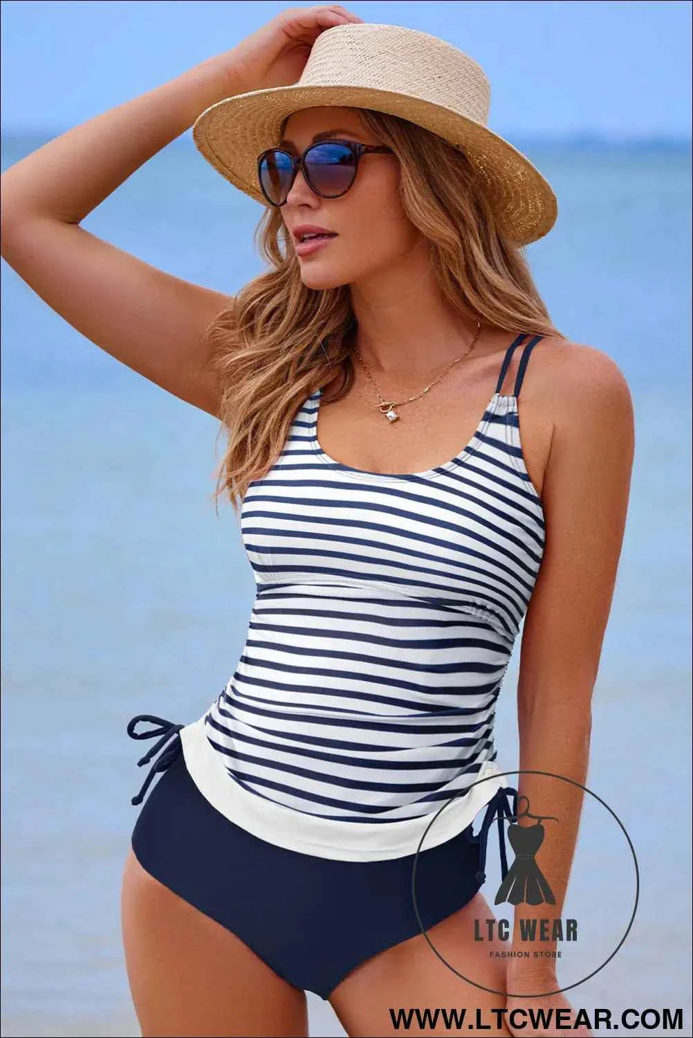 Sea Green Drawstring Tummy Control Mix-and-match 2pcs Tankini Swimsuit