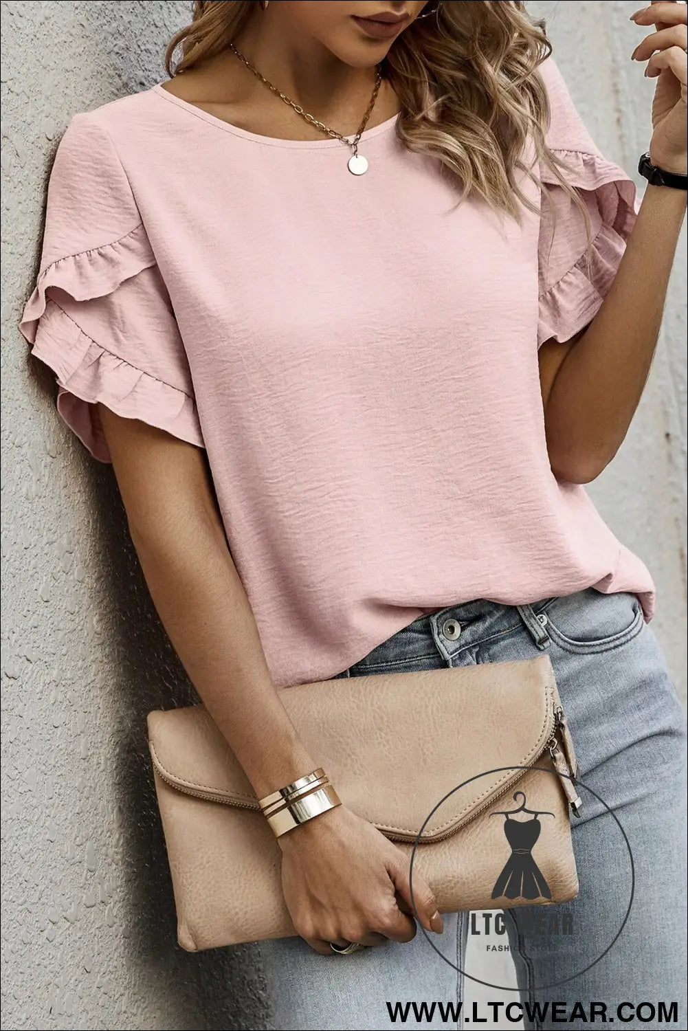 Sea Green Solid Color Ruffle Trim Short Sleeve Blouse - L.T.C Wear Online Fashion Store
