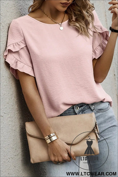 Sea Green Solid Color Ruffle Trim Short Sleeve Blouse - L.T.C Wear Online Fashion Store