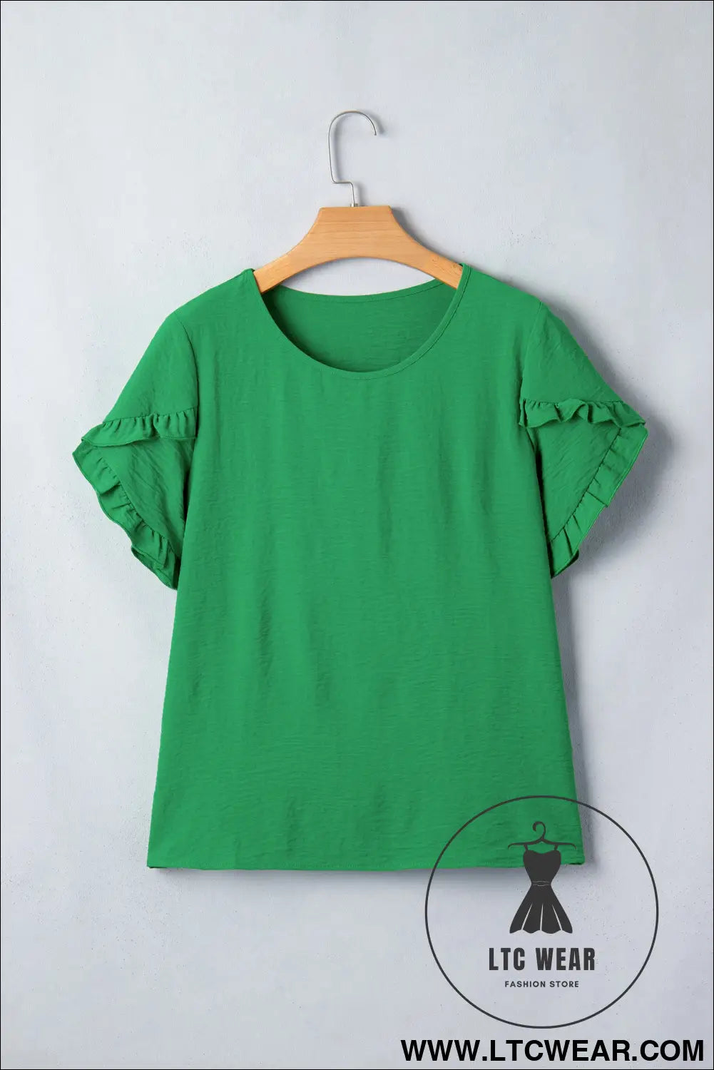 Sea Green Solid Color Ruffle Trim Short Sleeve Blouse - L.T.C Wear Online Fashion Store