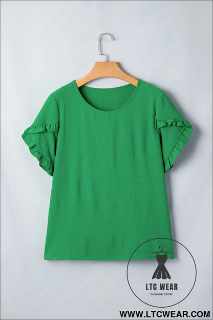 Sea Green Solid Color Ruffle Trim Short Sleeve Blouse - L.T.C Wear Online Fashion Store