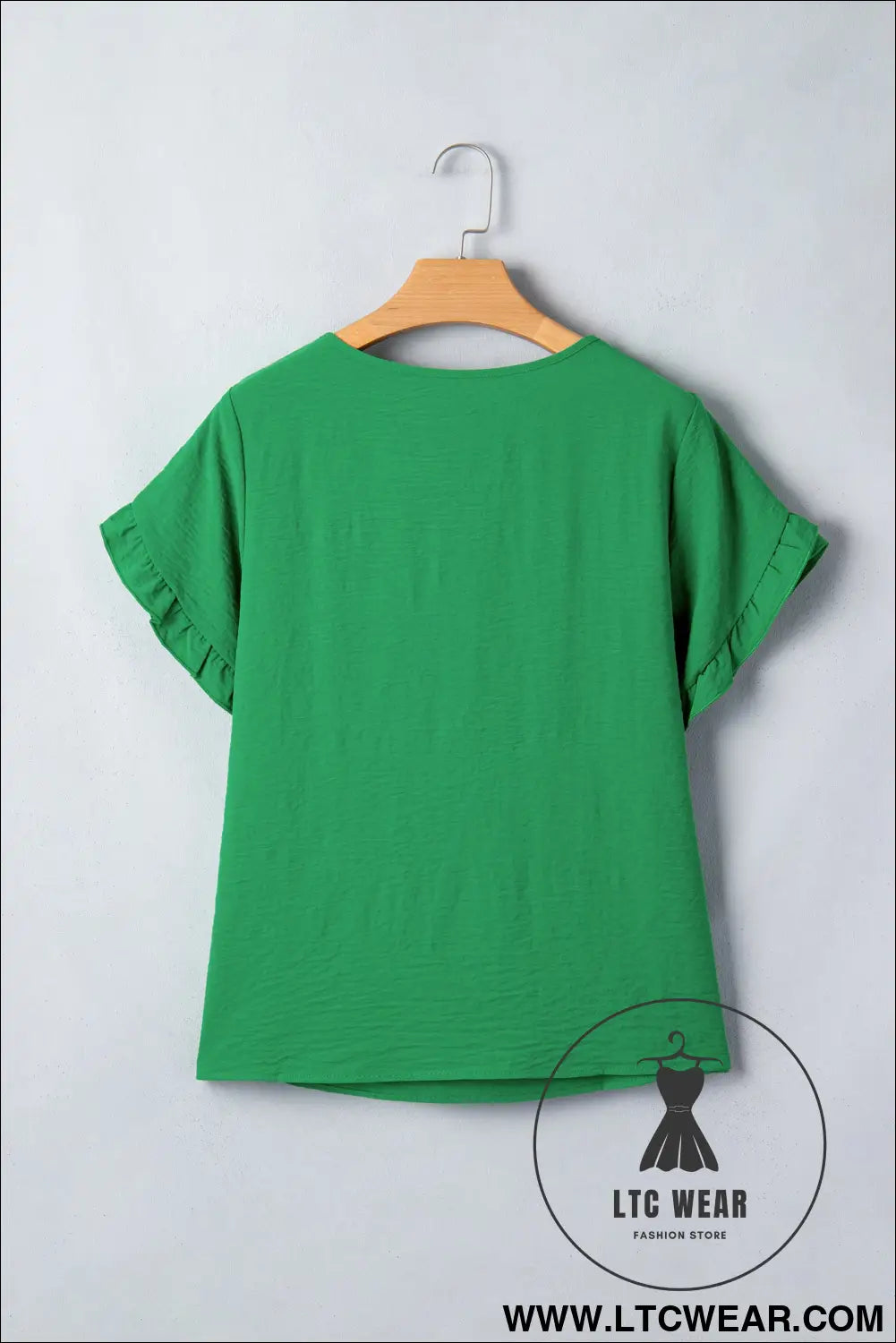 Sea Green Solid Color Ruffle Trim Short Sleeve Blouse - L.T.C Wear Online Fashion Store