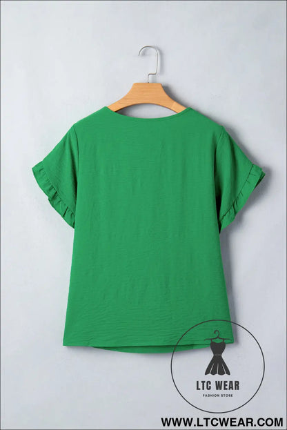 Sea Green Solid Color Ruffle Trim Short Sleeve Blouse - L.T.C Wear Online Fashion Store