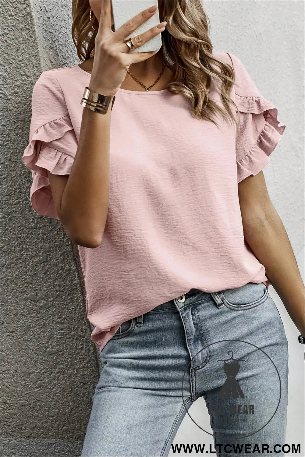 Sea Green Solid Color Ruffle Trim Short Sleeve Blouse - L.T.C Wear Online Fashion Store