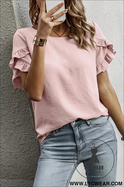 Sea Green Solid Color Ruffle Trim Short Sleeve Blouse - L.T.C Wear Online Fashion Store