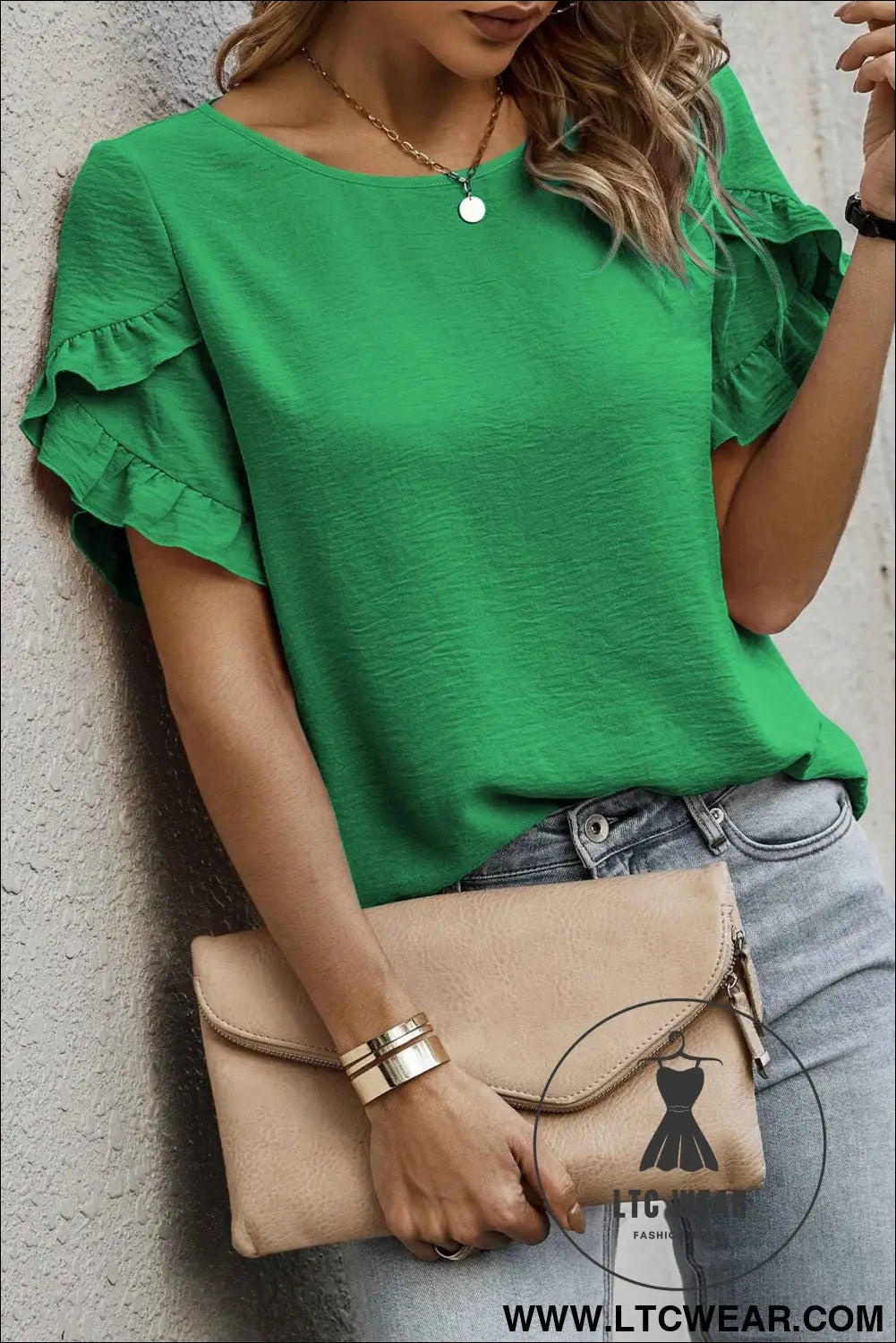 Sea Green Solid Color Ruffle Trim Short Sleeve Blouse