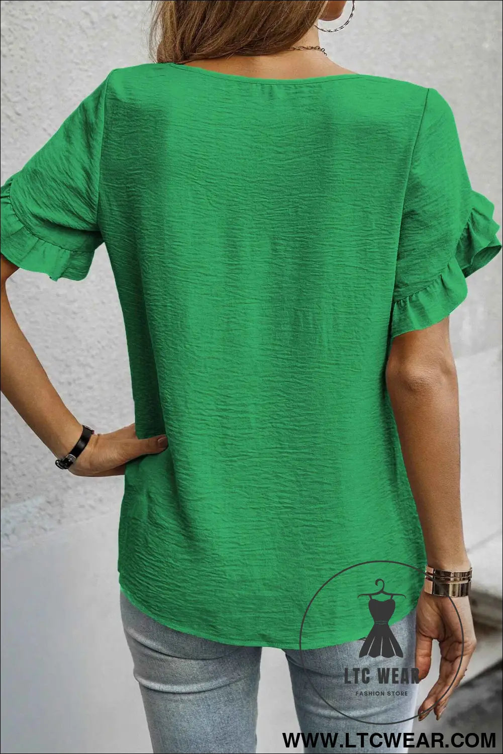 Sea Green Solid Color Ruffle Trim Short Sleeve Blouse