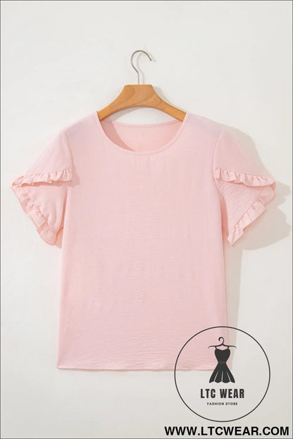 Sea Green Solid Color Ruffle Trim Short Sleeve Blouse - L.T.C Wear Online Fashion Store