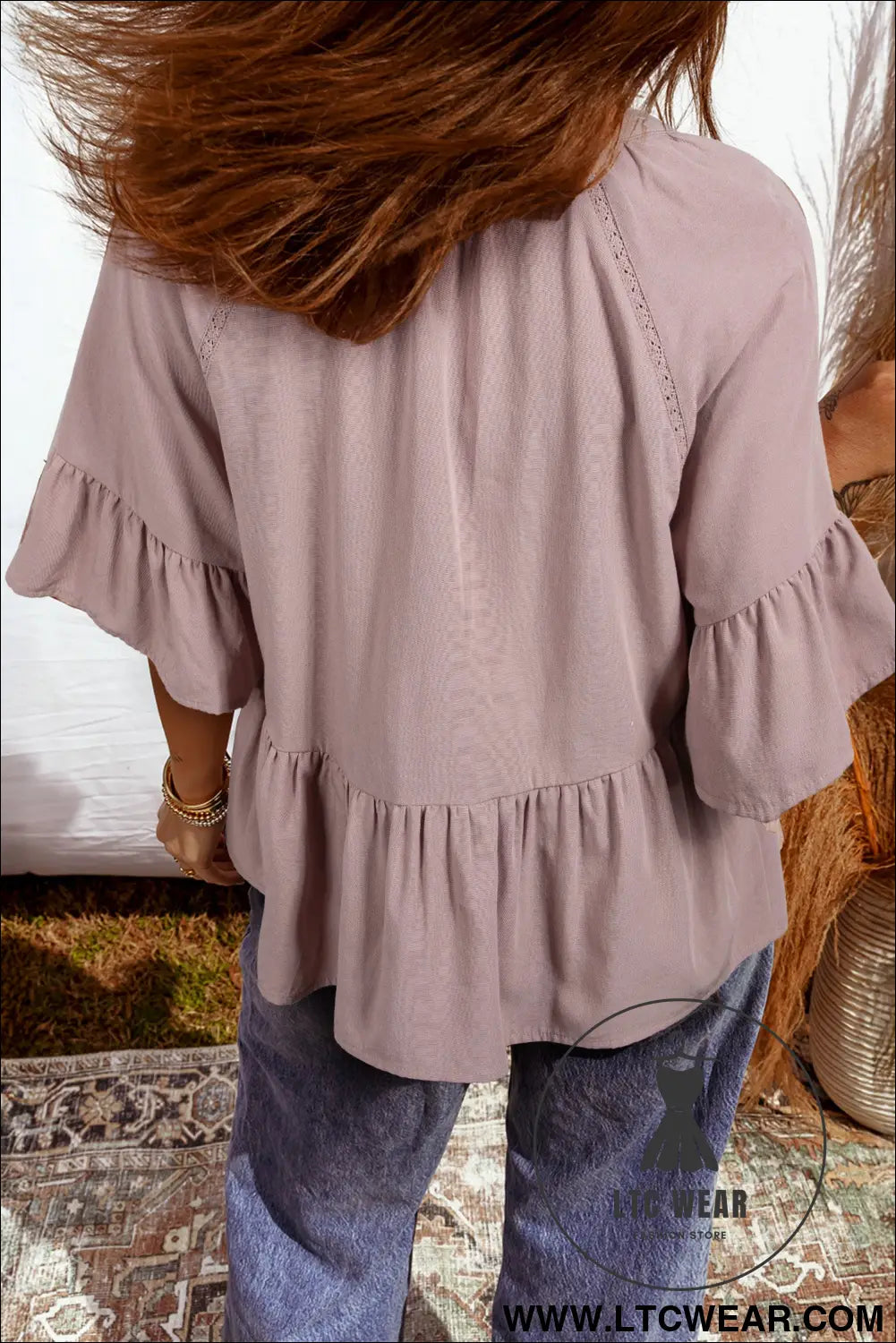 Sepia rose slit v neck ruffled loose blouse - blouses & shirts