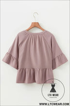 Sepia rose slit v neck ruffled loose blouse - blouses & shirts
