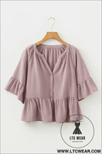 Sepia rose slit v neck ruffled loose blouse - blouses & shirts
