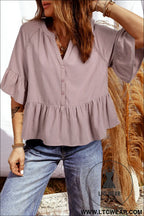 Sepia rose slit v neck ruffled loose blouse - sepia rose / l / 65% cotton + 25% viscose + 10% polyamide - blouses &