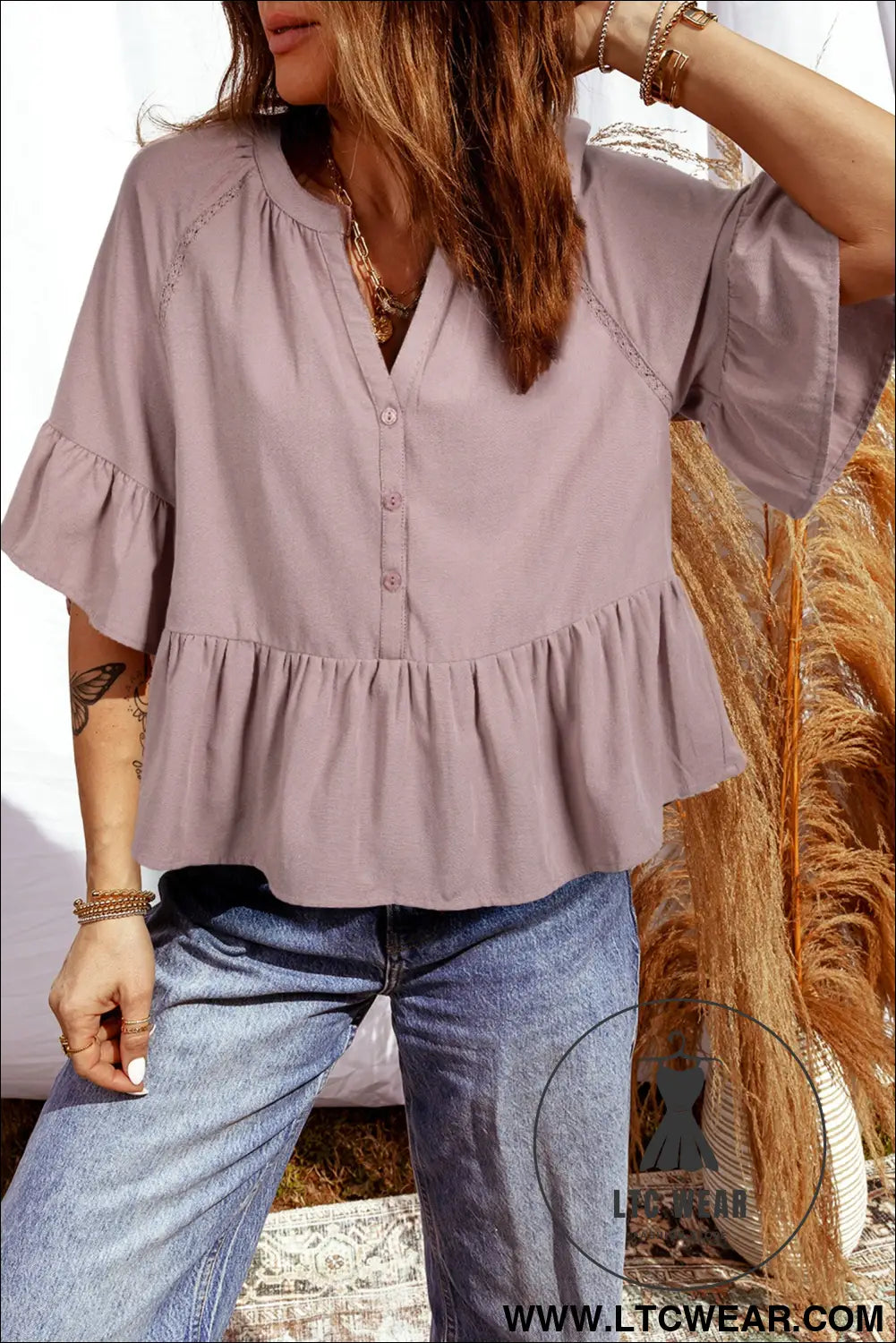 Sepia rose slit v neck ruffled loose blouse - sepia rose / l / 65% cotton + 25% viscose + 10% polyamide - blouses &