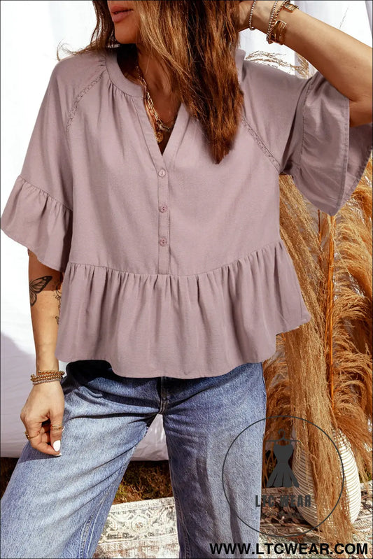 Sepia rose slit v neck ruffled loose blouse - sepia rose / l / 65% cotton + 25% viscose + 10% polyamide - blouses &