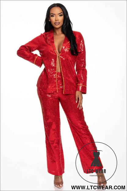 Sequin Collared Two Piece Set