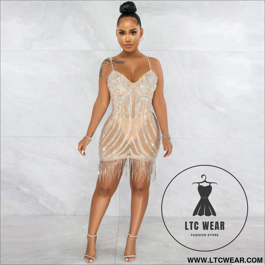 Sexy embellished strapless sleeveless crop top dress with fringe details