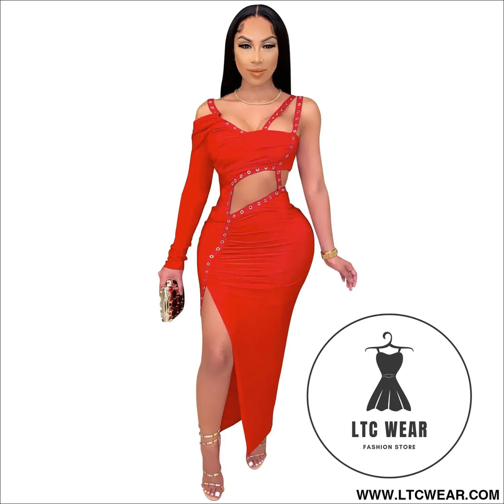 Sexy irregular cut-out club dress for women long dress - red / s
