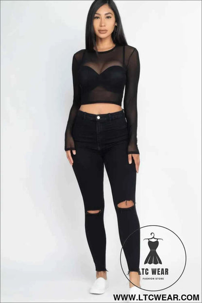 Sexy Sheer Mesh Long Sleeve Crop Top