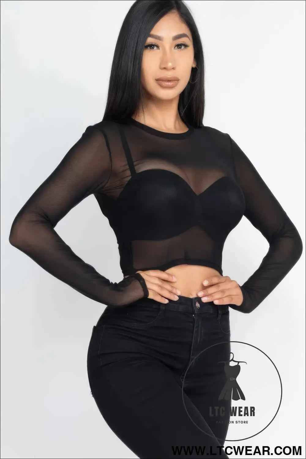 Sexy Sheer Mesh Long Sleeve Crop Top