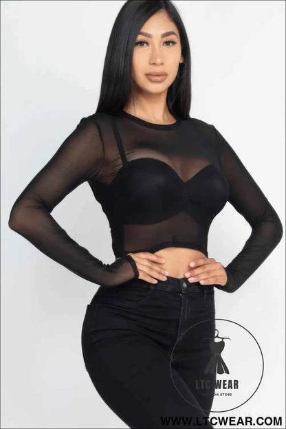 Sexy Sheer Mesh Long Sleeve Crop Top