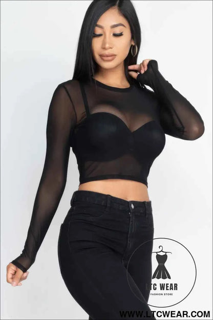Sexy Sheer Mesh Long Sleeve Crop Top