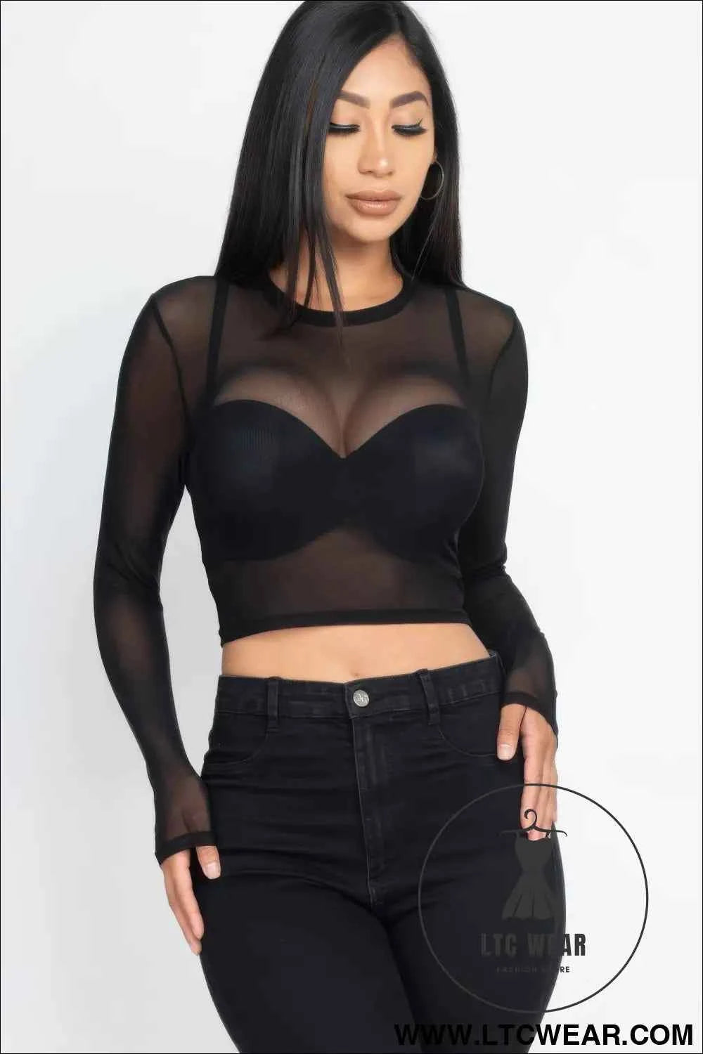 Sexy Sheer Mesh Long Sleeve Crop Top