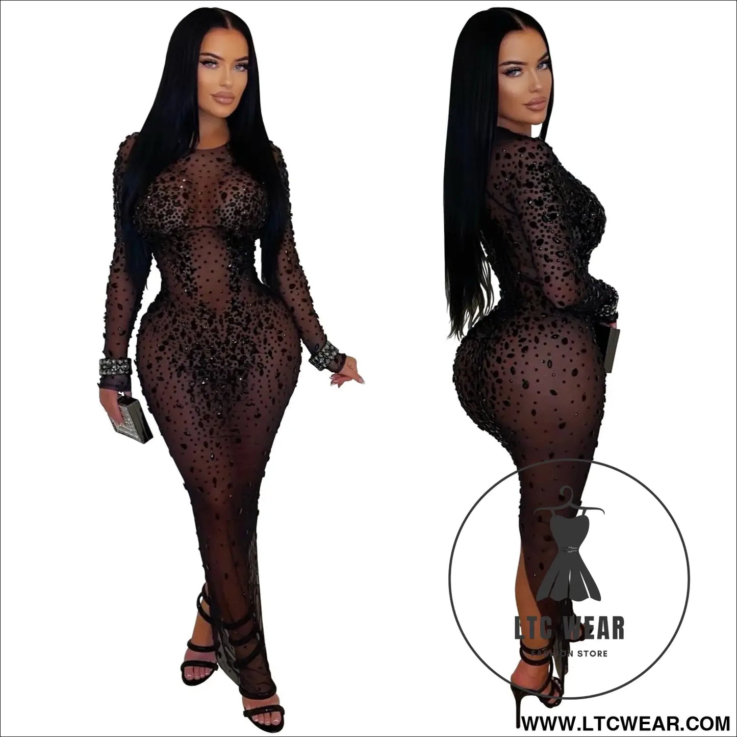 Sexy sheer mesh rhinestone bodycon dress