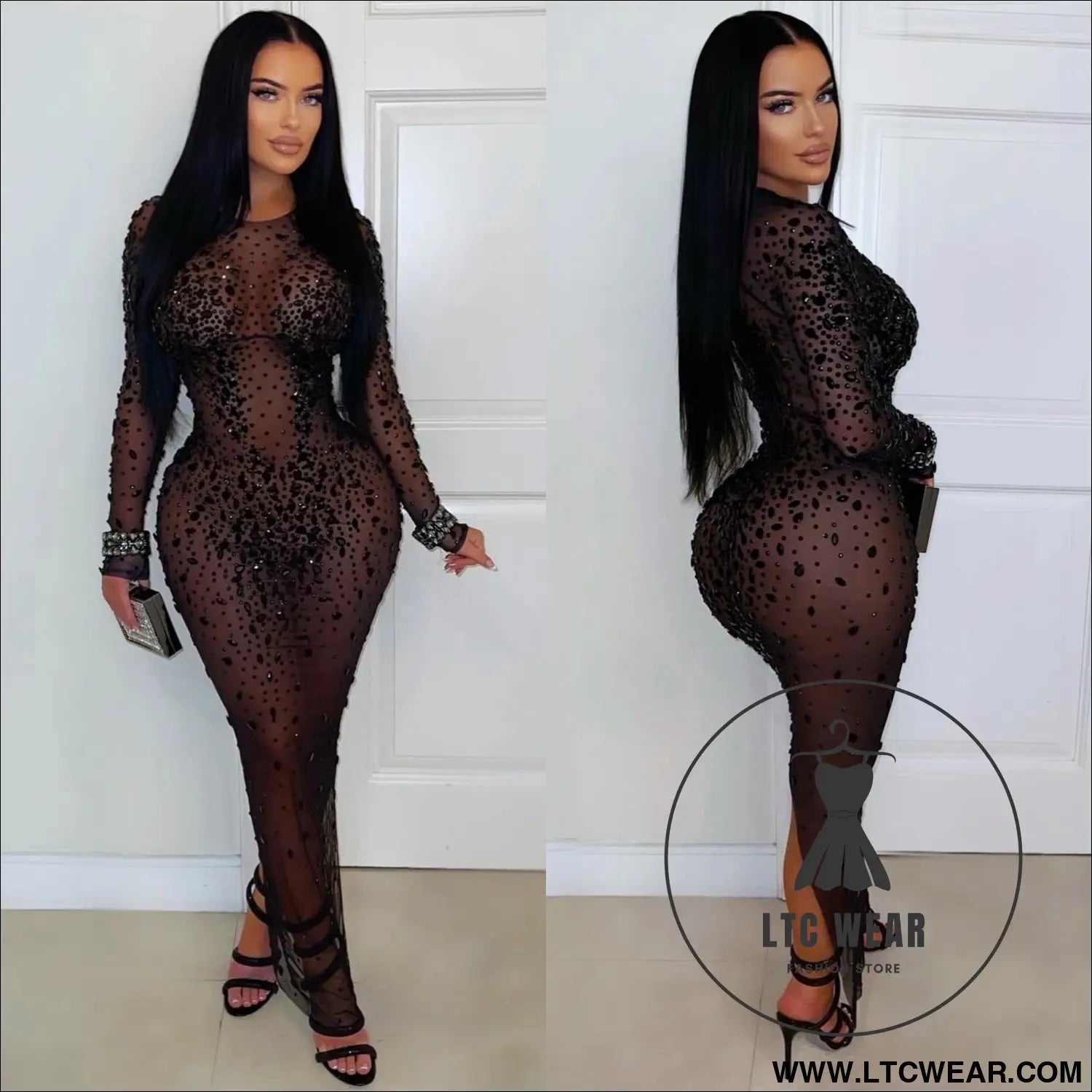Sexy sheer mesh rhinestone bodycon dress