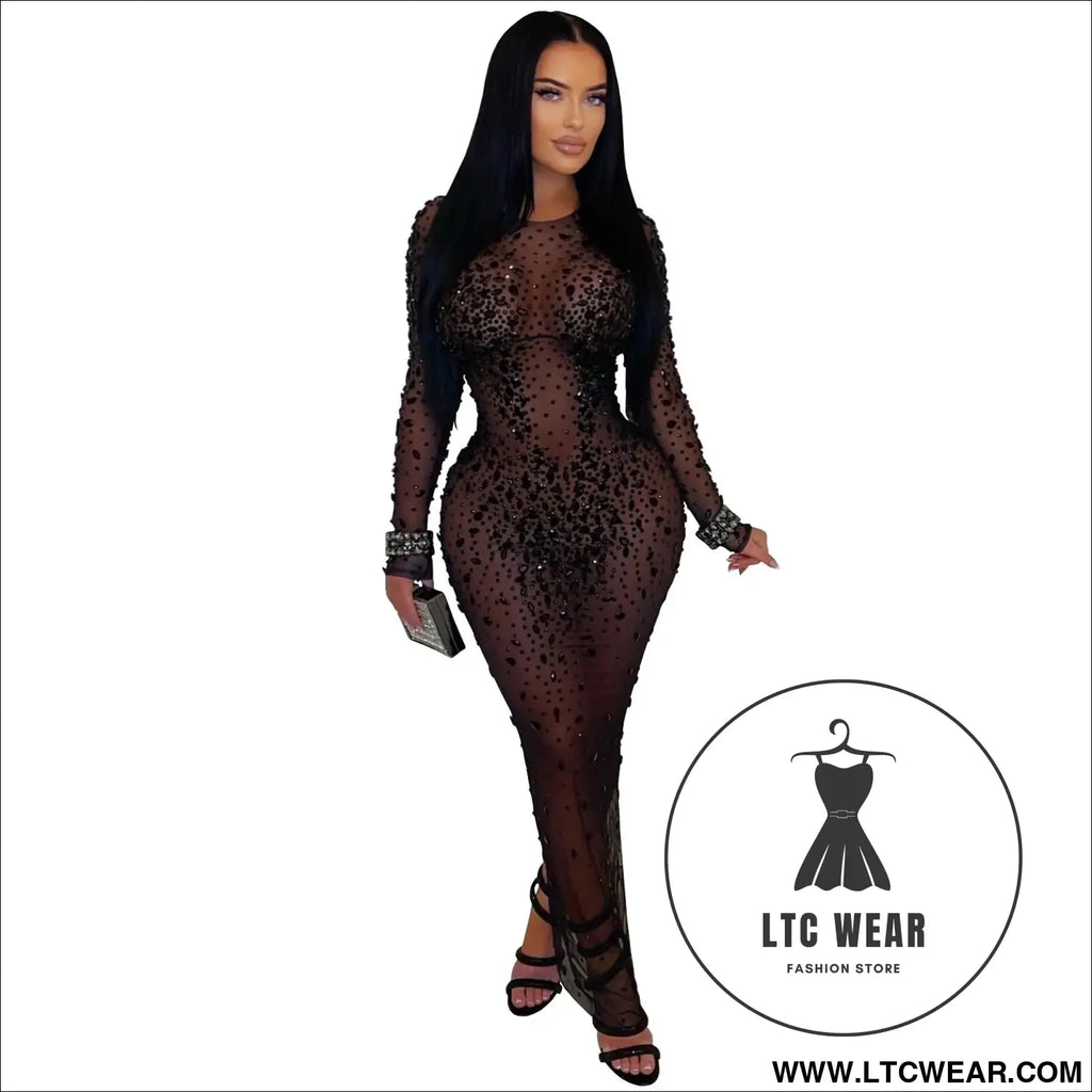 Sexy sheer mesh rhinestone bodycon dress