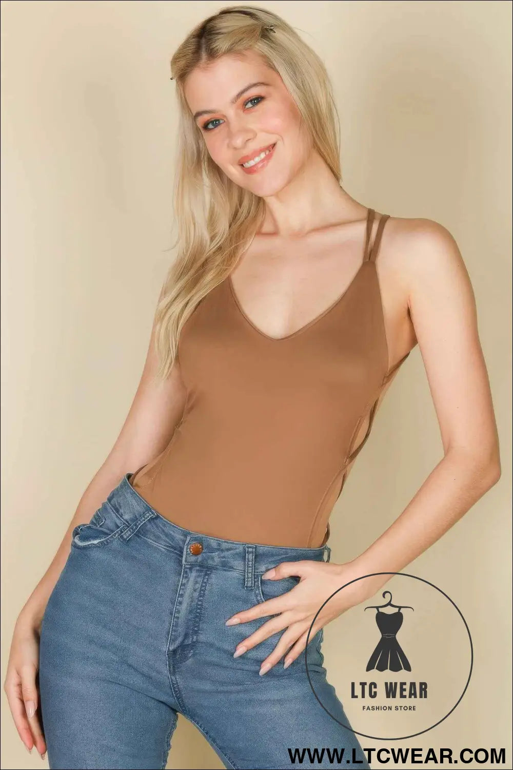 Sexy Solid Color Crisscross Back V-neck Bodysuit