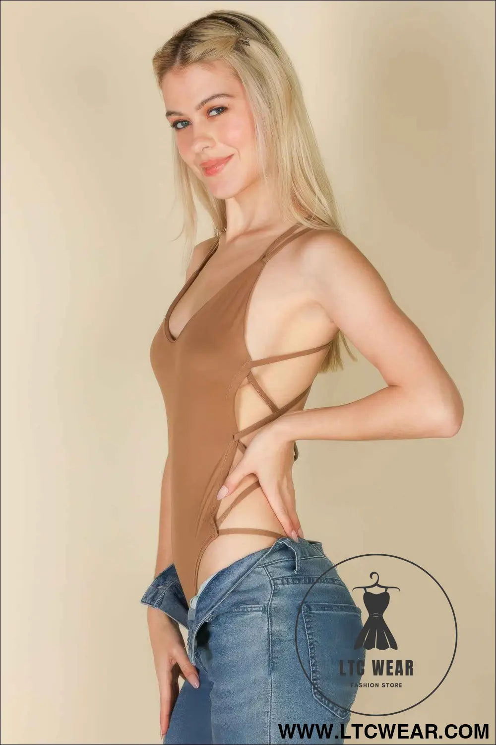 Sexy Solid Color Crisscross Back V-neck Bodysuit