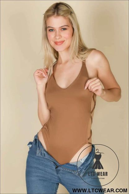 Sexy Solid Color Crisscross Back V-neck Bodysuit