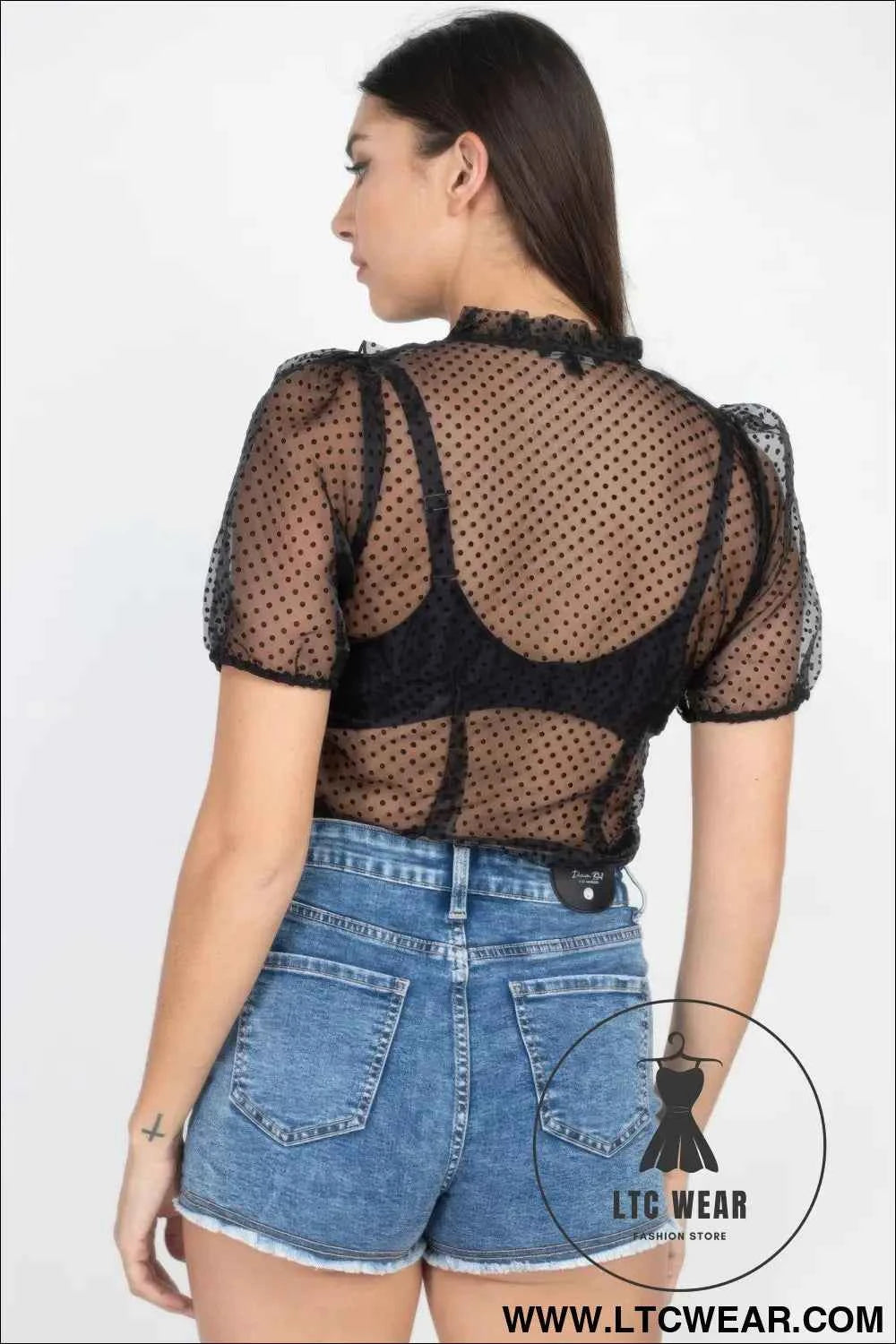 Sheer Ruffle-trim Dot Top