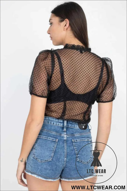 Sheer Ruffle-trim Dot Top