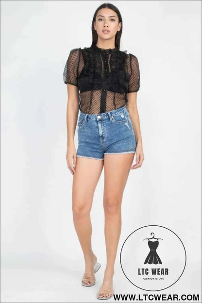 Sheer Ruffle-trim Dot Top
