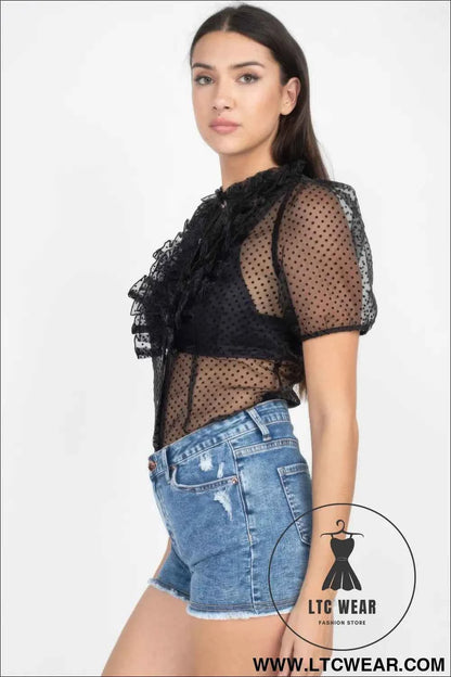Sheer Ruffle-trim Dot Top