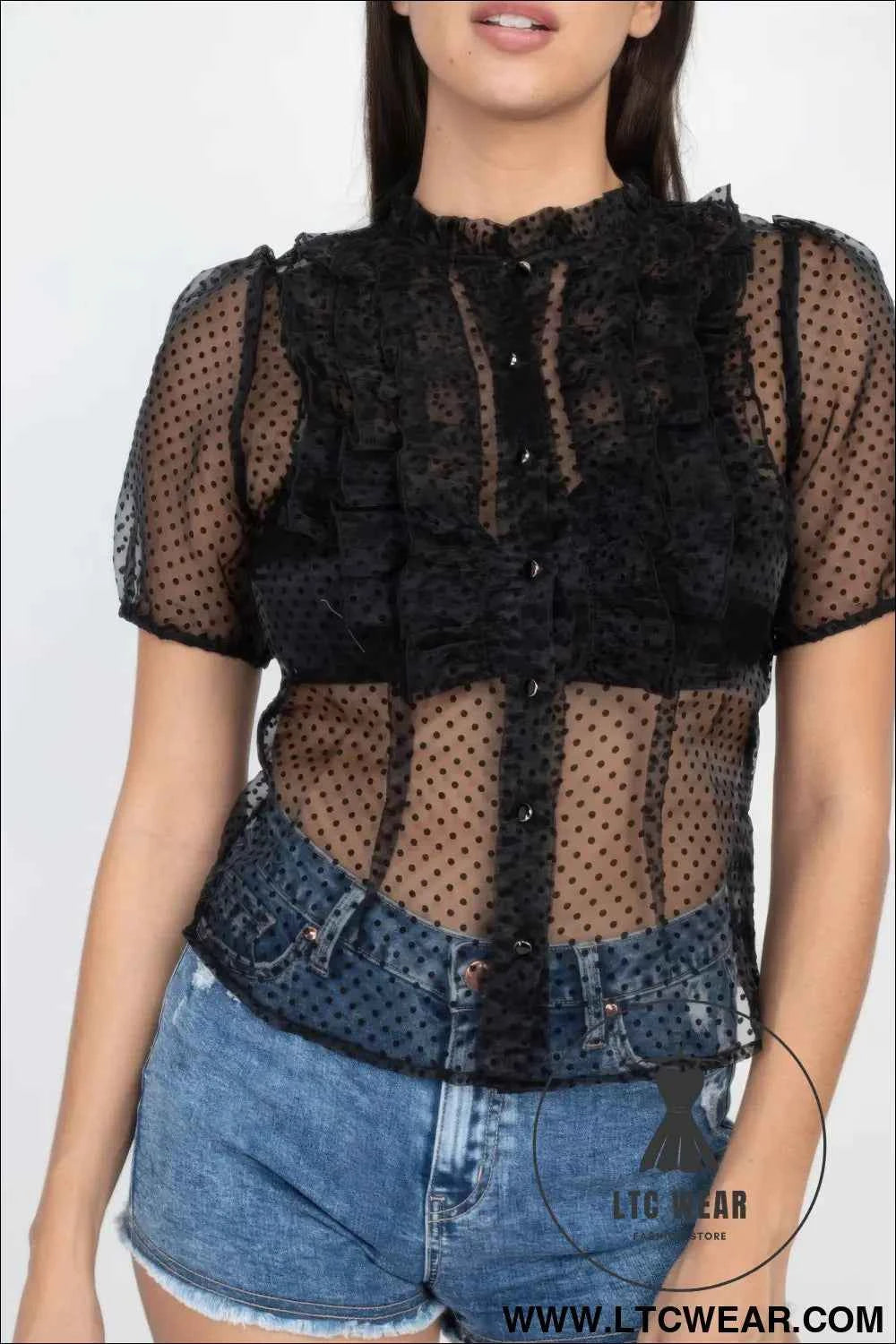 Sheer Ruffle-trim Dot Top