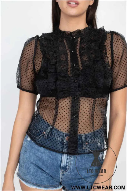 Sheer Ruffle-trim Dot Top
