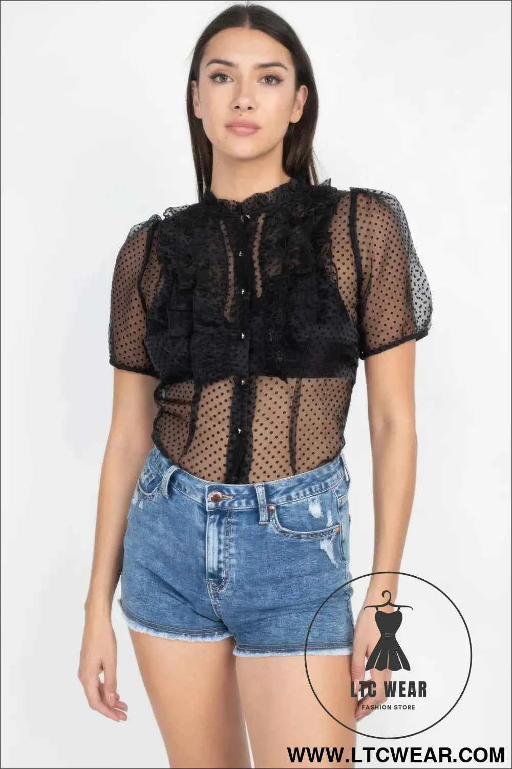 Sheer Ruffle-trim Dot Top