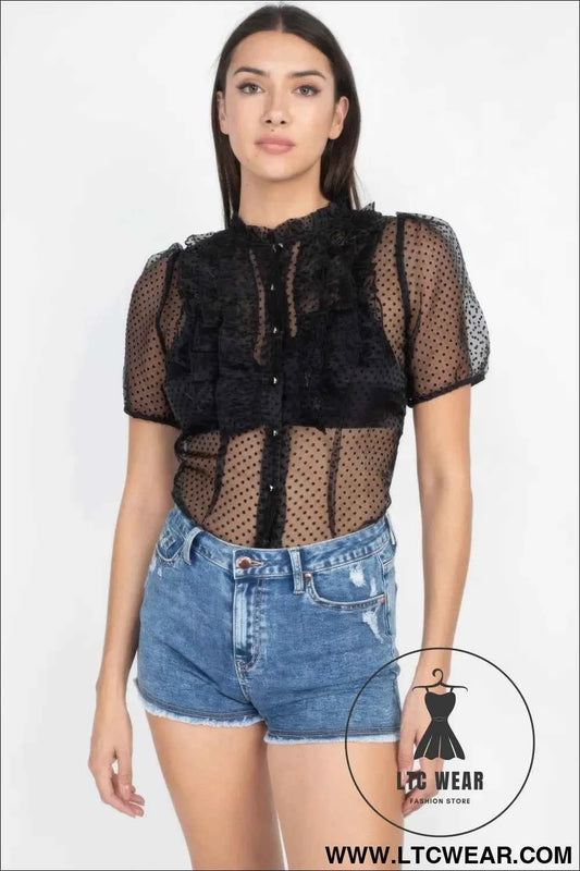 Sheer Ruffle-trim Dot Top