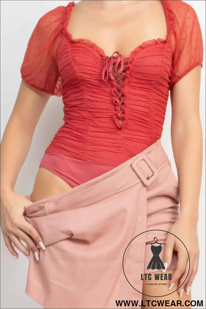 Shirred Mesh Sleeve Bodysuit